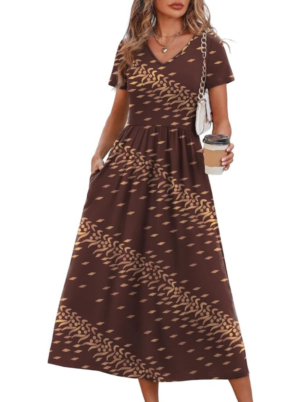 Women's Brown Swirl Print Flowy Casual A Line Midi Beach Sundresses With Pocket